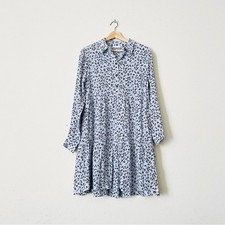 GANNI EU 38 Leaf print crepe tiered mini shirt dress in Heather blue black