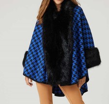 Cape Einheitsgröße Damen Hahnentritt Webpelz-Besatz blau