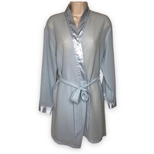 Halston Satin Trim Chiffon Bath Robe Light Blue Attached Tie Women Size Medium