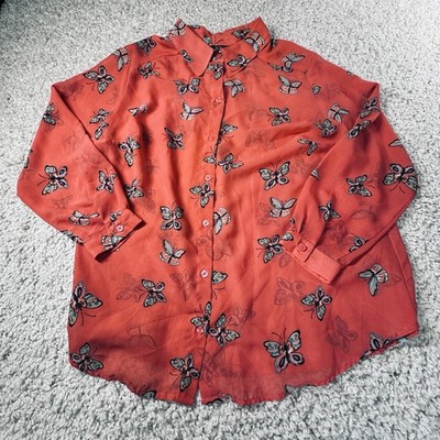 AGB Sheer Butterfly Print Button Up Blouse 2X Coral Long Sleeve