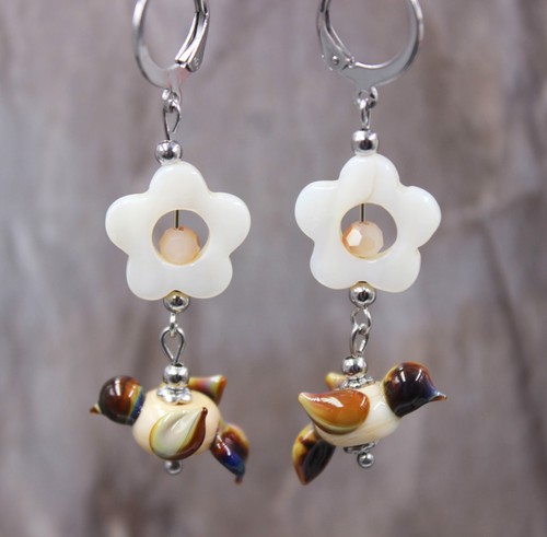 Vogel Ohrringe Blüten Perlmutt Ohrhänger  Lampwork Perlen #L091 - Bild 7 von 7