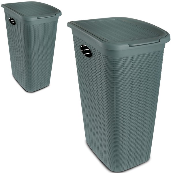 2X WäSchekorb In Rattan Optik Mit Deckel GrüN - 36 Liter WäSchesammler WäSchebox-image