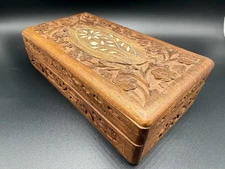1970's Hand Carved Floral Inlay Lined Wooden Jewelry Box India Stash Trinket Box