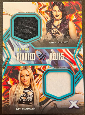 2025 Topps Exalted WWE Rhea Ripley Liv Morgan Aqua 45/99 Dual Event Worn Relics