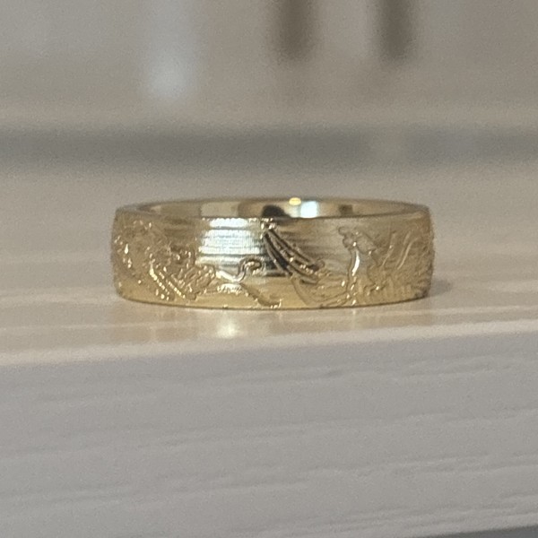 Alternate view of New Engraved Dragon Phoenix Motif Ring Strength, Rebirth Size Gold Plated