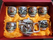 Gorgeous VINTAGE Oriental Porcelain Tea Set Marked Pot 6 Cups in Box Gift Saki