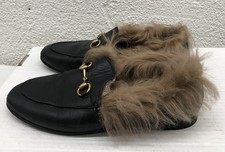 Gucci Black Fur Princetown Leather Fur Horsebit Mules Size EU 36.5 US 6.5 L401