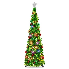 Pop Up Christmas Tree with Lights & 30 Balls, 5Ft Collapsible Green Tinsel Ch...