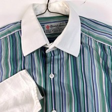 Turnbull  Asser Shirt Mens 16 Green Blue Stripe Contrast Collar French Cuff