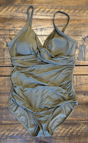 Neu mit Etikett Jantzen Damen-Badeanzug Crossover gerafft Größe 12 olivgrün