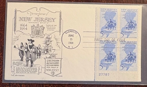 #1247 New Jersey Tercentenary plate block FDC on Aristocrats cachet