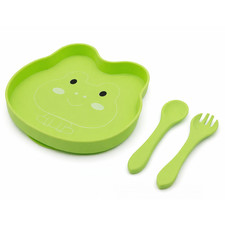 Bubidoodoo Silicone Suction Plate Set Toddler Feeding Spoon Fork Frog-themed BPA