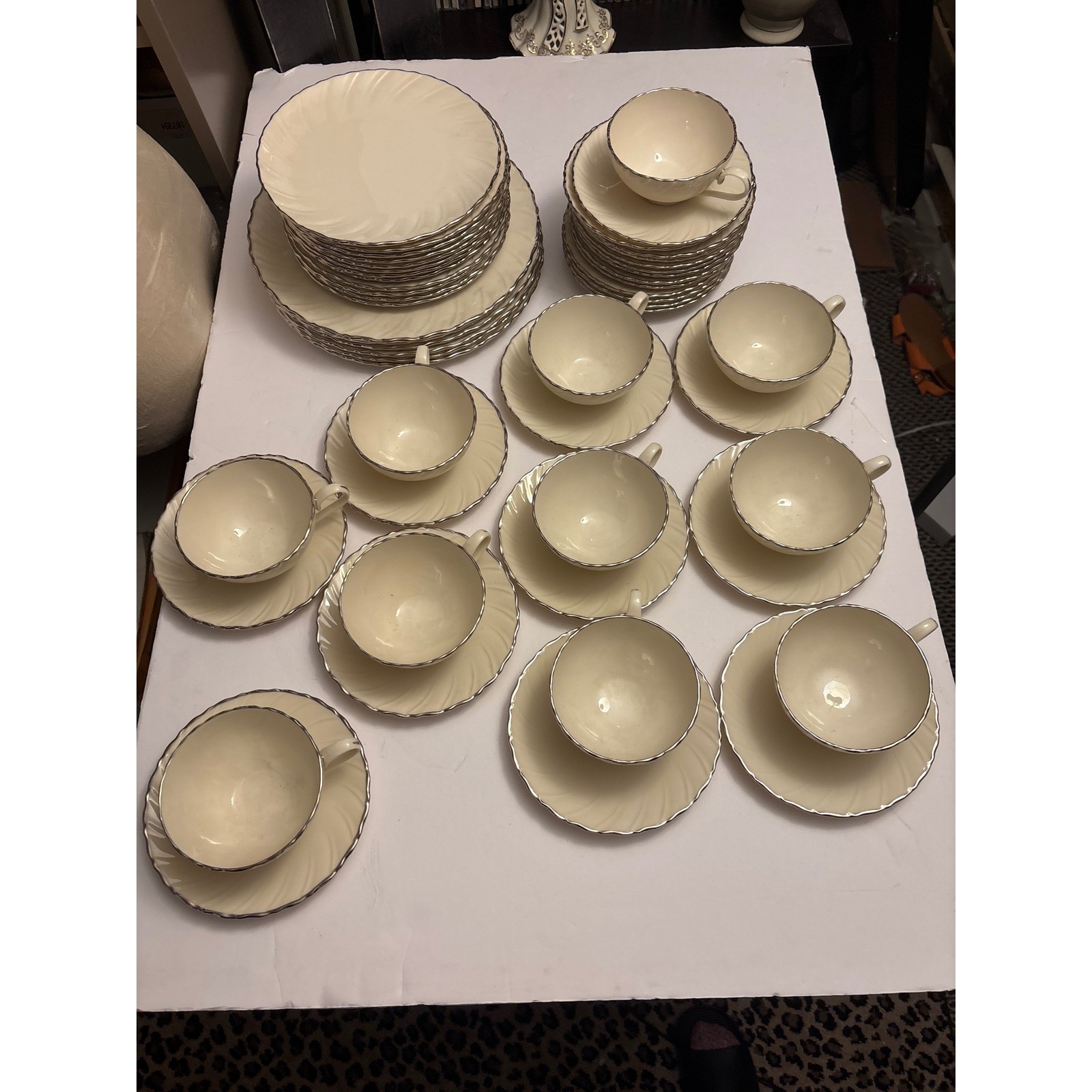 12 Cups Saucers Plates Silver Trim Swirl