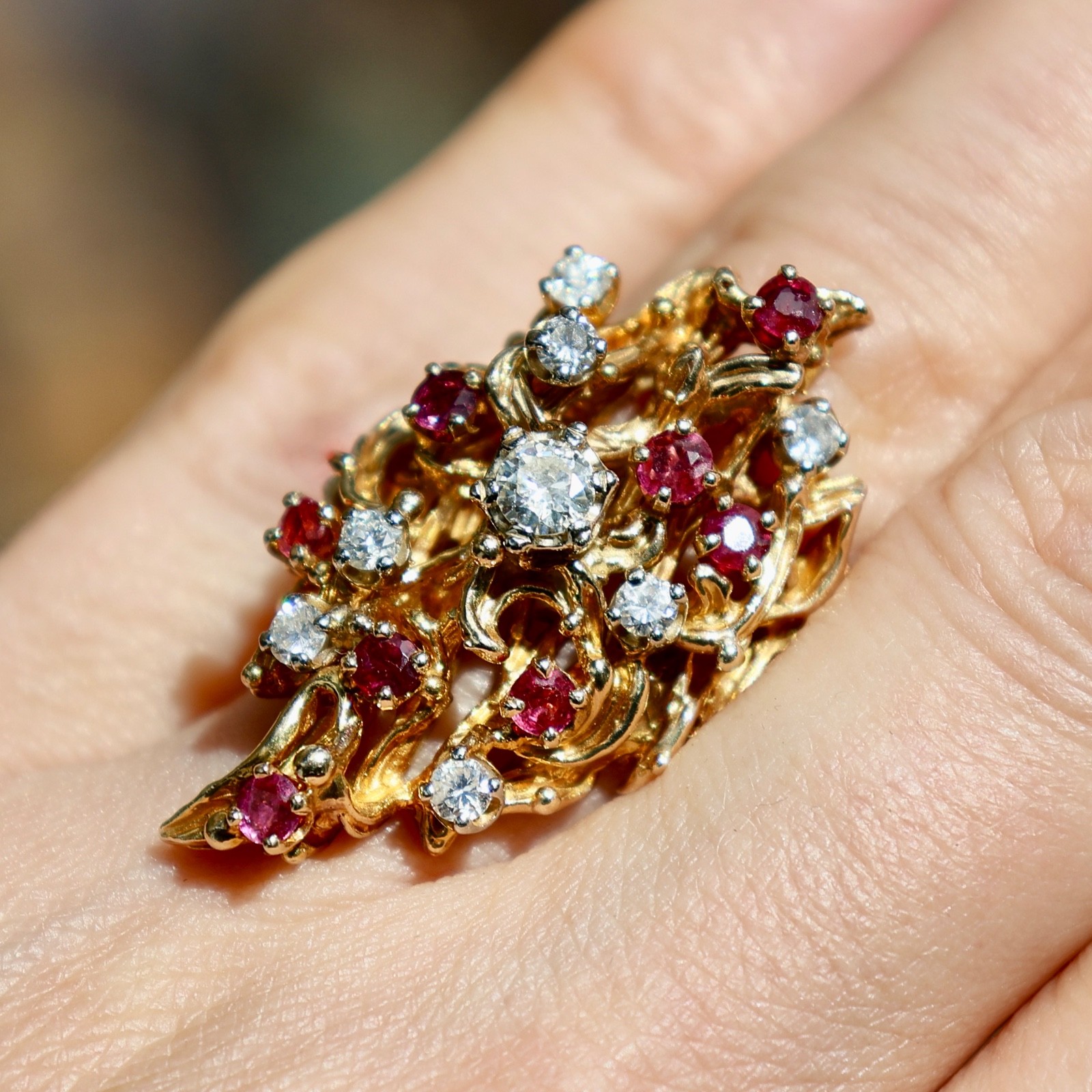 14K 585 SOLID YELLOW GOLD RUBY DIAMOND CLUSTER AR… - image 14