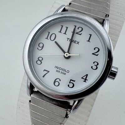 Retro Timex Indiglo Quartz Watch Women Silver White Stretch Easy Read New Batter