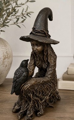 Halloween Witch & Raven Figurine Statue, Brown/Black, Freestanding Decor