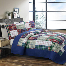 Navy Blue Green Red Plaid 100 Cotton Quilt Bedding Set, Reversible Coverlet, Be
