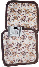 Set of 2 Same Printed Kitchen Pot Holders (7"x7") COFFEE CUPS & BEANS,brown, HG