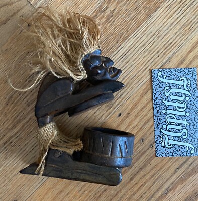 VTG HAWAIIAN TIKI NATIVE DRUMMER WOODEN STASH BOX WOOD HAND CARVED FIGURE RARE