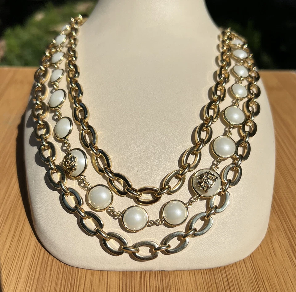 Collar gargantilla Ralph Lauren tono dorado eslabón de cadena con perlas de imitación Foto 3 de 4