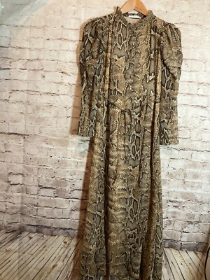 MNG Dress Womens 2 Brown Snakeskin Printed Full Length Puff Sleeve Chiffon