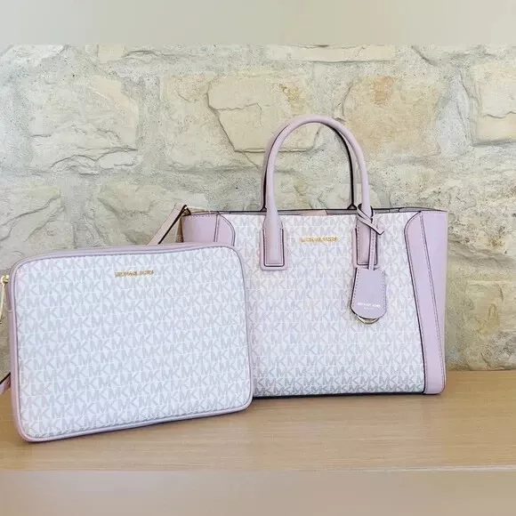 Michael Kors Kali Medium Satchel Ipad Case Tote Shoulder Bag White Pink +  Wallet