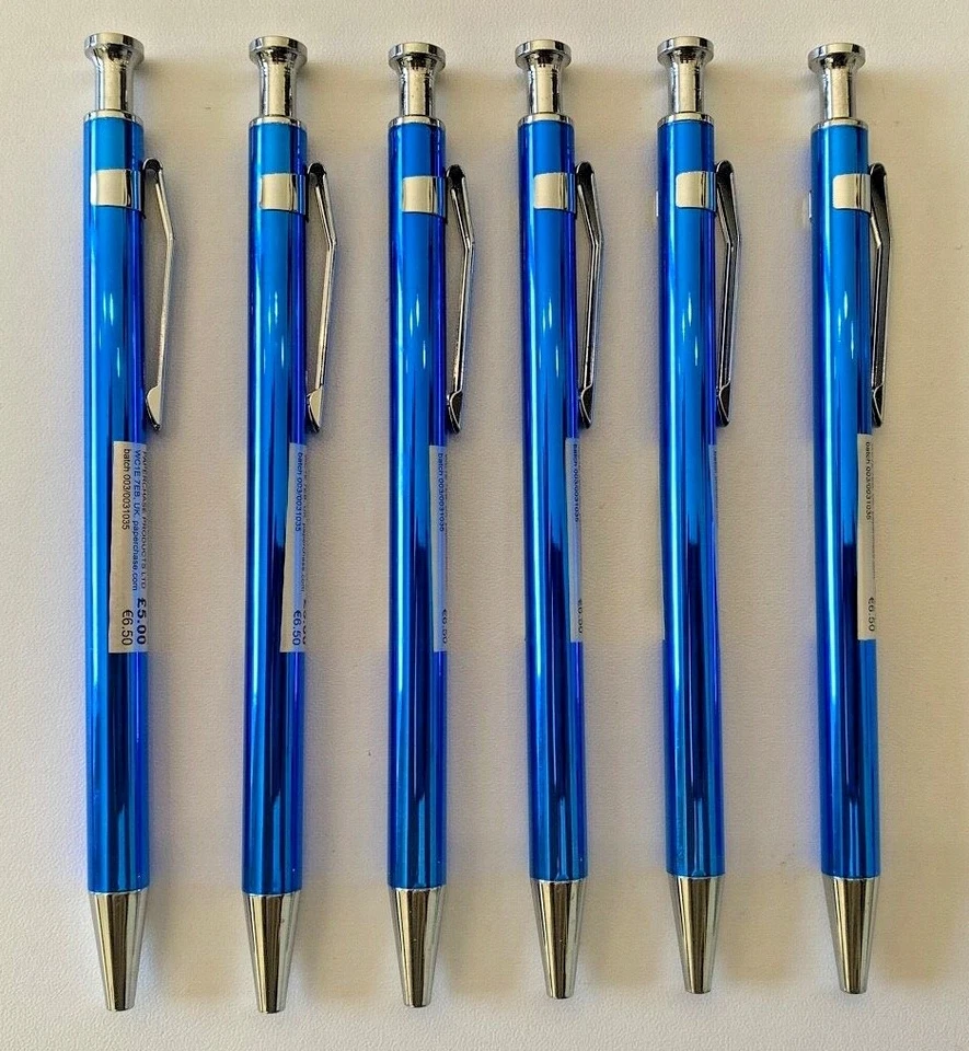 Paperchase Blue Metal Mechanical Ballpoint Blue Pen Silver Detail Black Ink x 6
