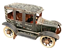 MARX STRAUSS TIN LIZZIE / LEAPING LENA WINDUP COMIC CAR OLD JALOPY TOY w/ DRIVER
