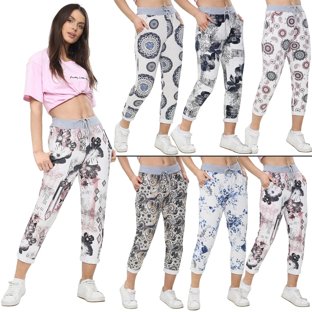Women s Ladies Turn Up Italian Trousers Floral Rose Printed Summer Beach Pants