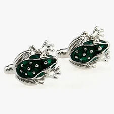 Green Enamel Frog/Toad Cufflinks Pair, Silver Tone, Bullet Toggle Back, Gifts
