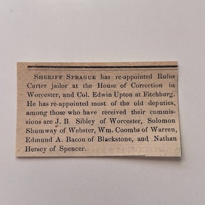 Sheriff Sprague Re-Appointed Rufus Carter 1871 Worcester MA Clipping TAJ8-S86
