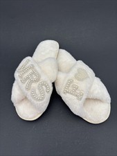 Bride Mrs G Pearl Patch Fuzzy White Bridal Slippers Size 40/41 Bridal