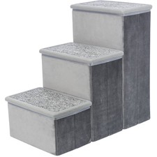 TRIXIE 3-Step Foldable Velour Pet Stairs with Storage, Gray