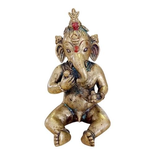 Vintage Brass Baby Ganesha Statue Hindu God Figurine Elephant Murti Decor 5.375"