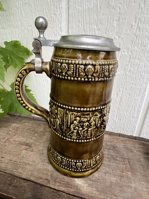 VTG Marzi & Remy German Beer Stein-Relief Tavern Scene Pewter Lid M.R. Marked