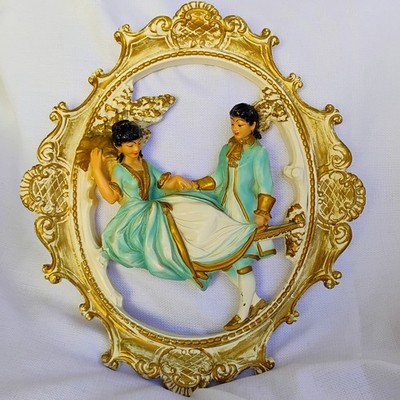 Vintage Rococo Victorian Couple Lovers Chalkware Mid Century Wall Plaque 15.5''