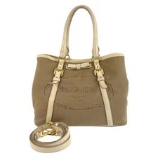 PRADA Logo jacquard Tote Bag Shoulder Bag 2way Beige Gold Hardware canvas
