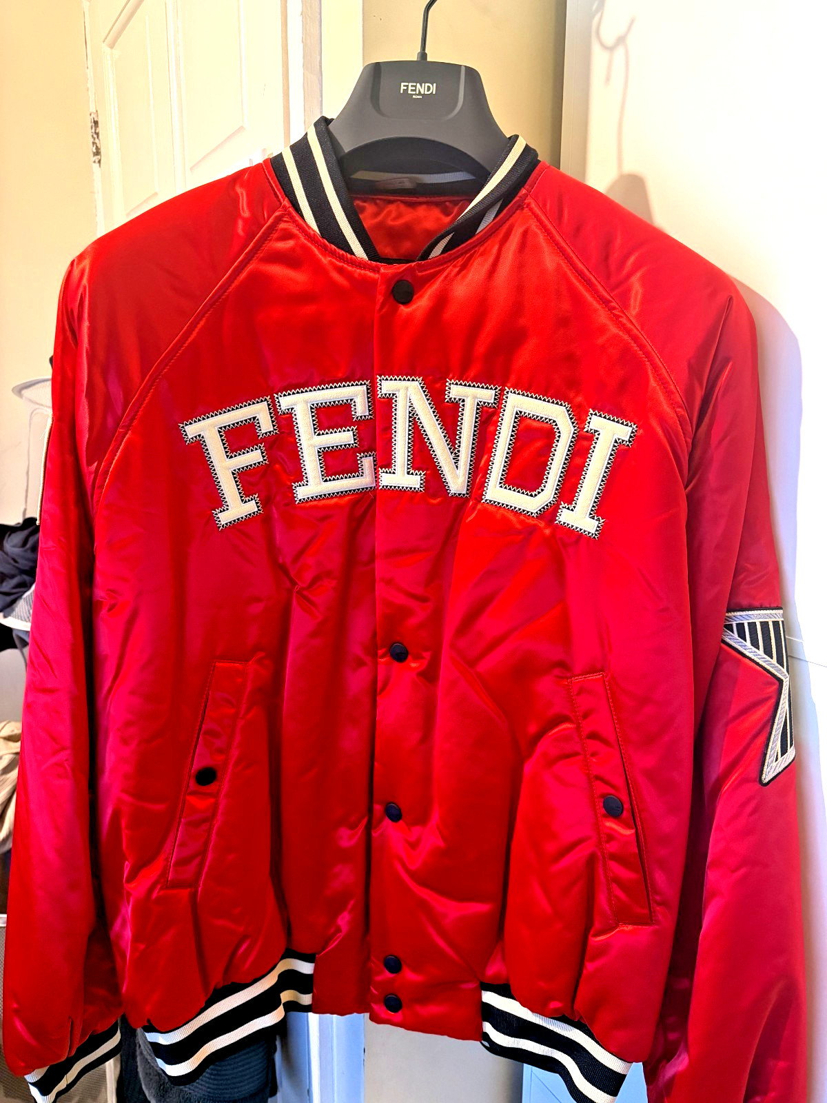 FENDI Multi-Patch Varsity Bomber Jacket Red Satin Size 50 IT Large Mens RARE image 8