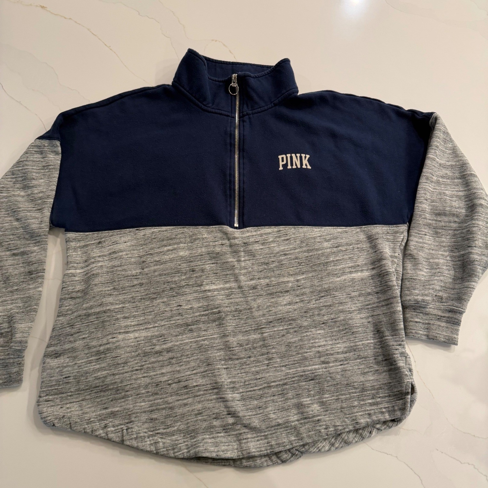 Victoria's Secret PINK Quarter Zip Pullover Navy Grey Colorblock Fleece Small