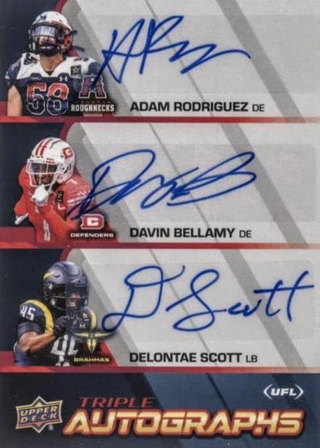 Adam Rodriguez Davin Bellamy Delontae Scott 2024 Upper Deck UFL Triple Auto 4/10