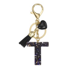 Alphabet Initial Letter Keychain Cute Charm With Tassel Heart Letter T Black