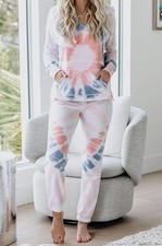 NWOT Women's White Pink Blue Tie-Dye 2- Piece Lounge Set Hoodie  Jogger Medium
