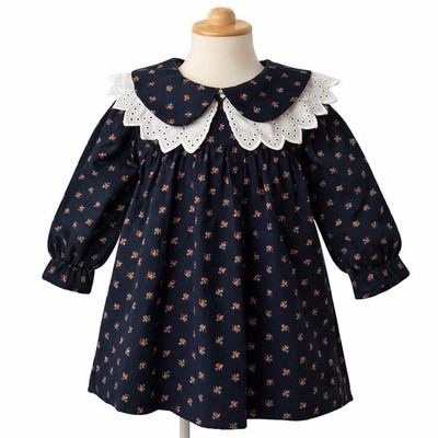 VTG VIYELLA Dress Toddler 2 Wool Cotton Blend Navy Woven  Scotland Lace Collar