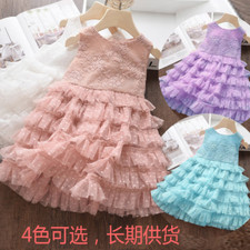 Summer Girls Flower Embroidery Polka Dot Lace Elegant Sleeveless Puffy Dress