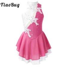 Kids Girls Sequin Figure Ice Skating Dress Rhinestone Floral Ballet Leotard