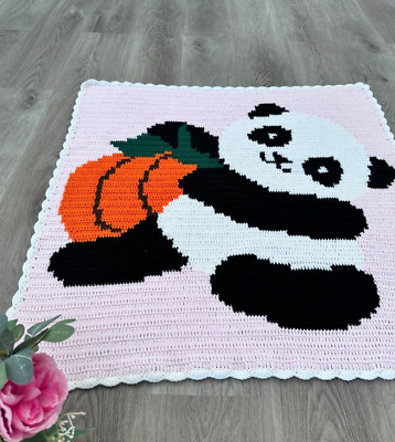 Halloween Panda & Pumpkin Crochet Blanket, 33'' x 35'',  Baby Gift, Home Decor