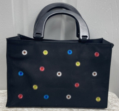 Bright Flowers On Black Tianni  Purse,  Black Weeden Handles, Hot Pink Lining