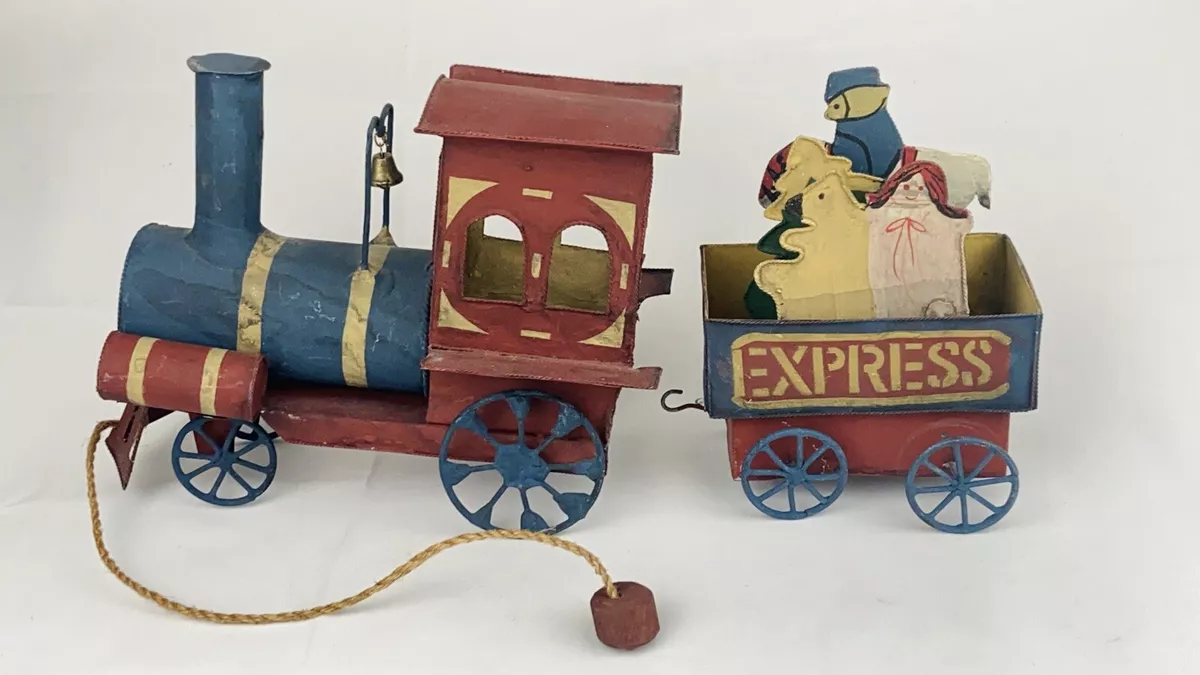 Vintage Christmas Tin Metal Train Pull Toy Express Toys Move Up Down Prop Deco
