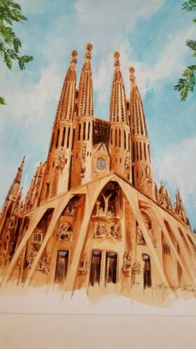 Katedra w Barcelonie Hiszpania obraz artysta sygnowany Anton Kimball 13x16 - Zdjęcie 1 z 12