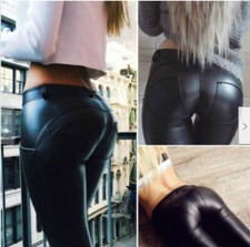 Glanz Yoga Hose Damen Wet-Look Leggings PU-Leder Optik Fitness Schlank Leggins 